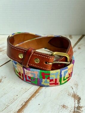 Handcrafted Guatemalan belt colorful geometric needlepoint leather brass 32 EUC
